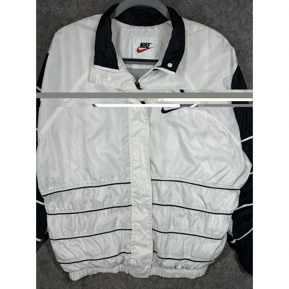 Vintage Nike Windbreaker Jacket Womens XL 16-18 White Black Big Swoosh Y2K
